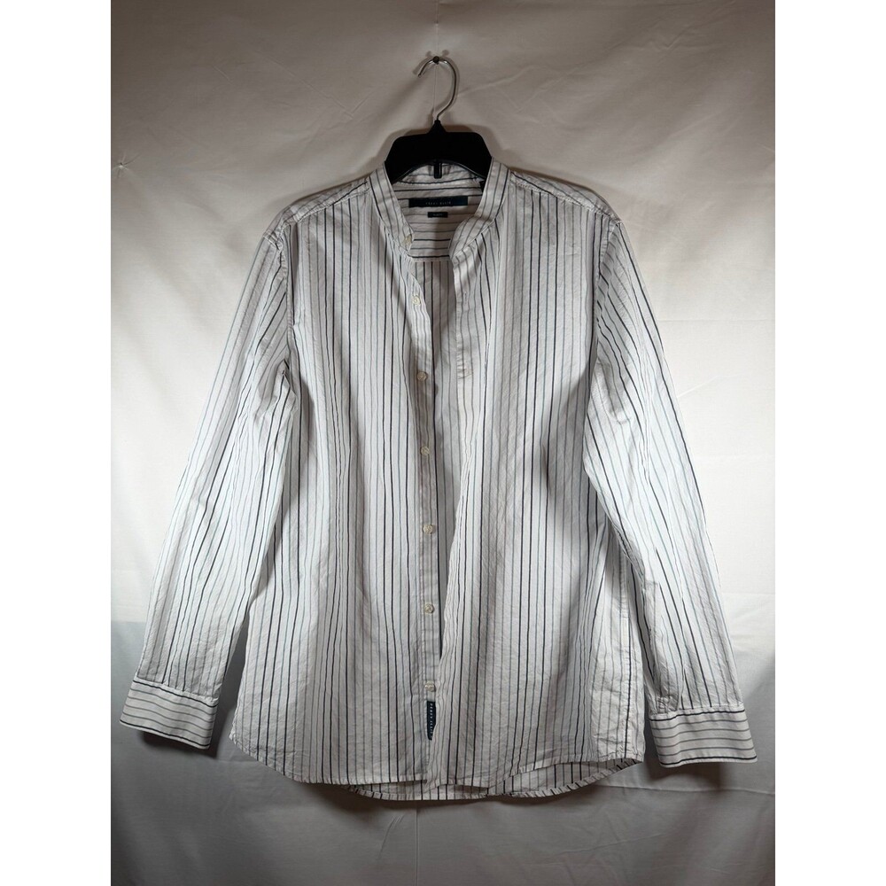Perry Ellis Striped Cotton Button-Up Shirt Slim Fit Long Sleeve L White Gray
